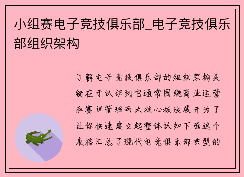 小组赛电子竞技俱乐部_电子竞技俱乐部组织架构