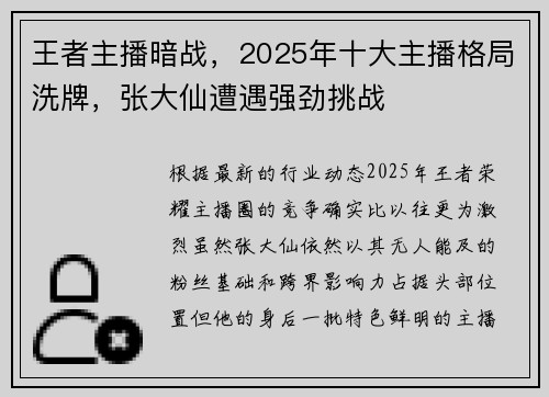 王者主播暗战，2025年十大主播格局洗牌，张大仙遭遇强劲挑战